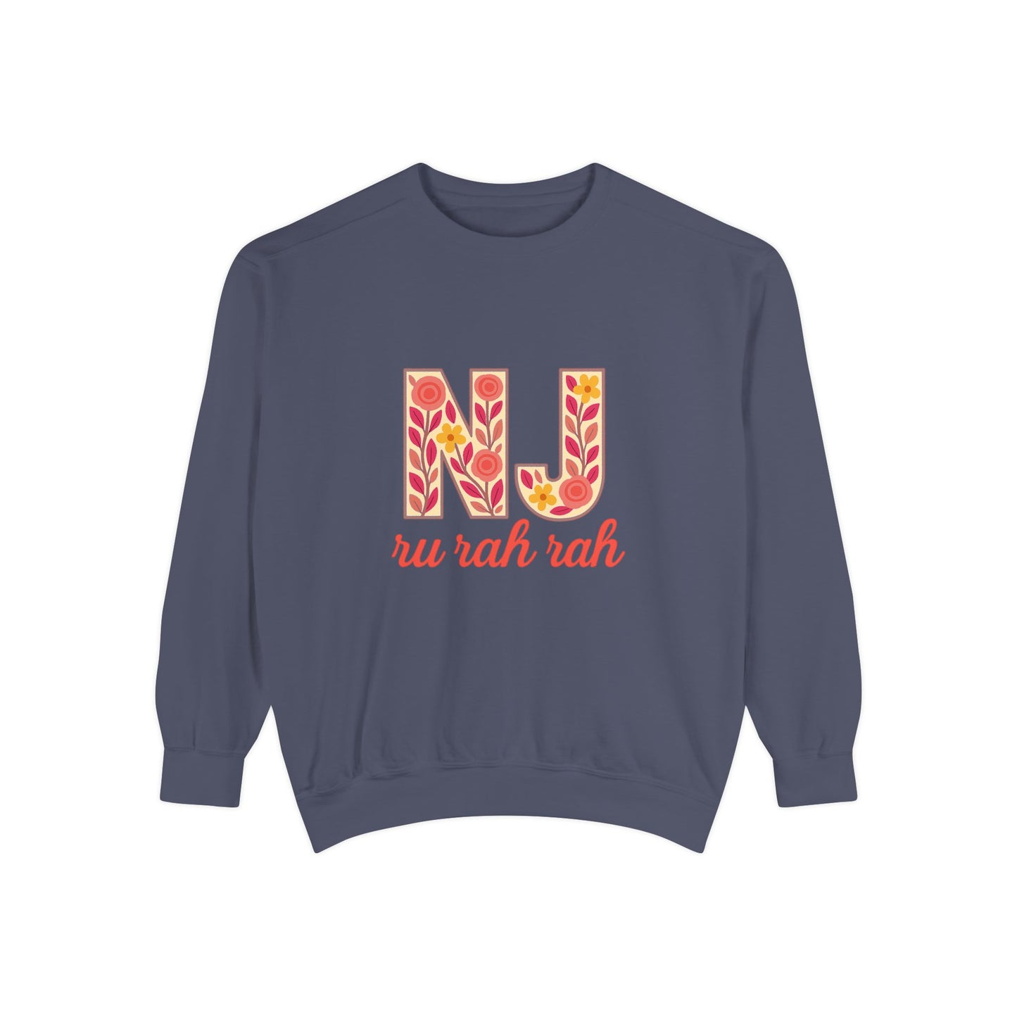 Cheerful NJ Garment-Dyed Sweatshirt, Cozy Unisex Pullover for School Spirit, Fall Fashion, Gift for College Students, Relaxed Fit