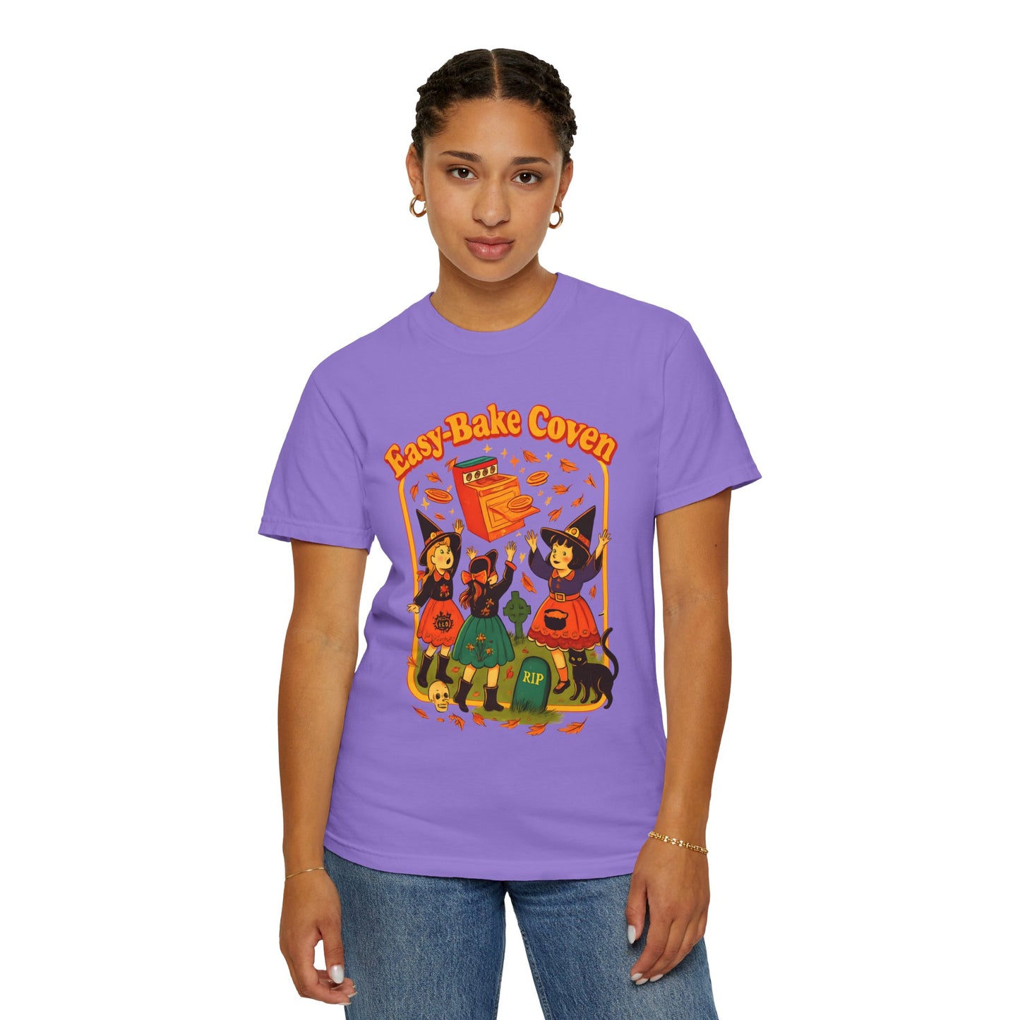 Halloween Witch T-Shirt, Unisex Garment-Dyed Shirt, Easy-Bake Coven Tee, Spooky Season Apparel, Cute Witch Design