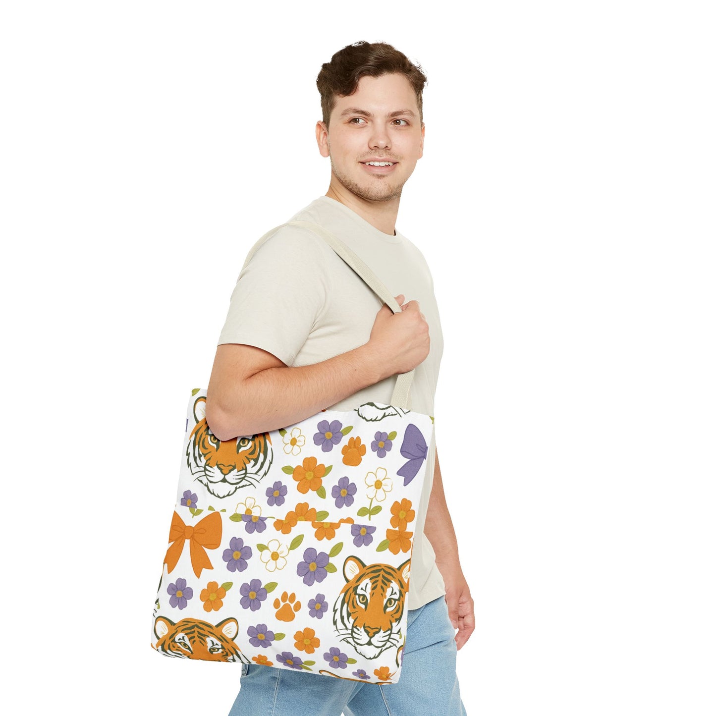 Whimsical Tiger Floral Tote Bag - Clemson Fan Gift, Graduation Gift, Alumni Gift, Cute Eco-Friendly Shopping Bag, Beach Bag, Gift for Animal Lovers, Spring & Summer Accessory