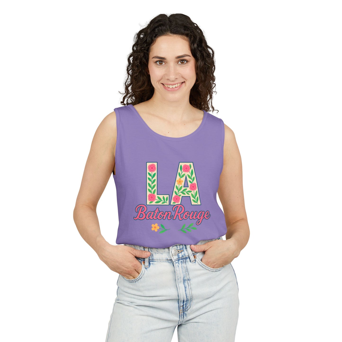 LA Baton Rouge Floral Tank Top, Summer Vibes, Unisex Apparel, Gift for Friends, Vacation Outfit, Spring/Summer Wear, Comfort Colors, Graduation Gift