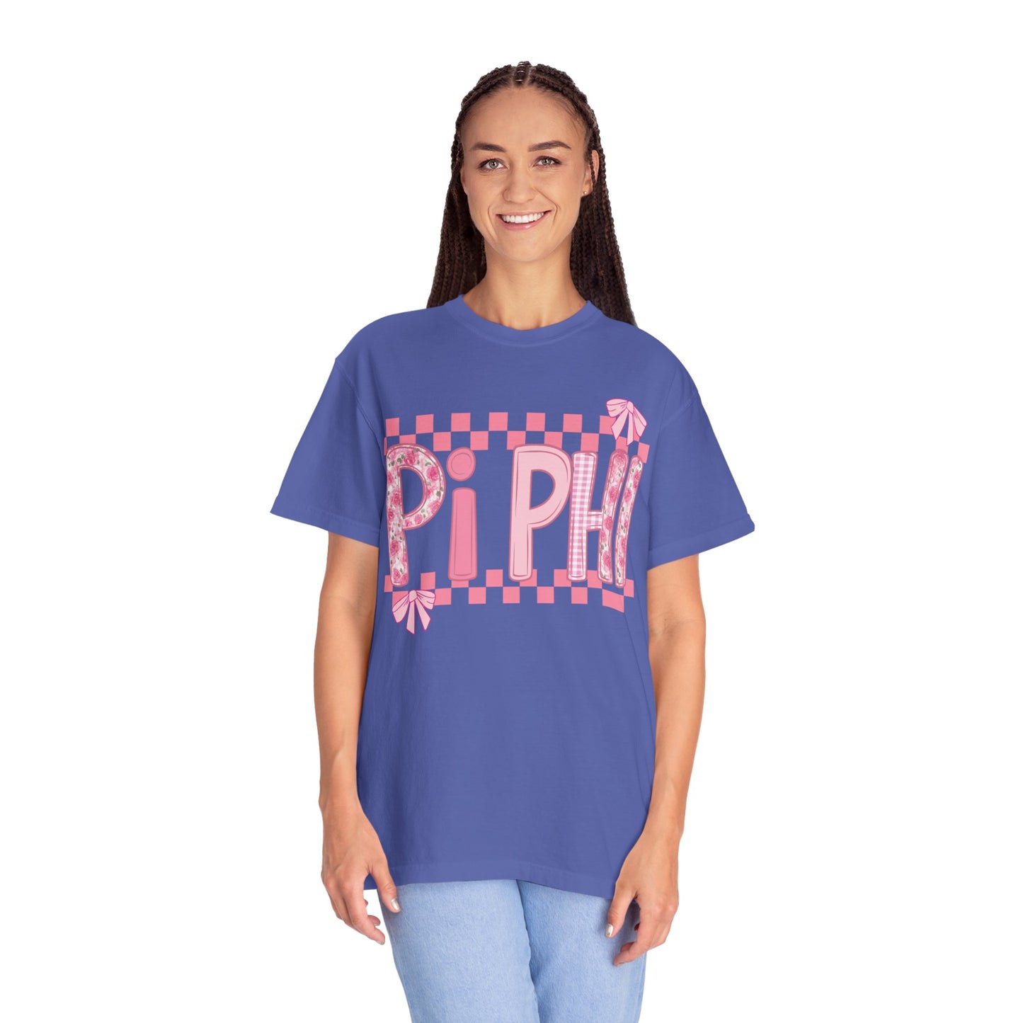 Cute Garment-Dyed T-Shirt for Sorority Sisters, Pi -Checked Style, Perfect for Casual Outings, Sorority Events, Gifts