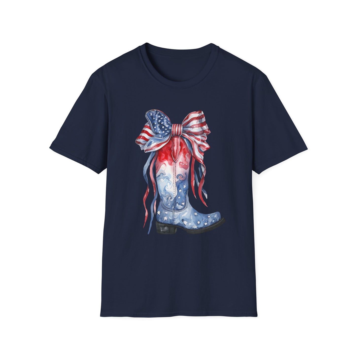 Patriotic Cowboy Boot T-Shirt | Unisex Softstyle Tee for Independence Day