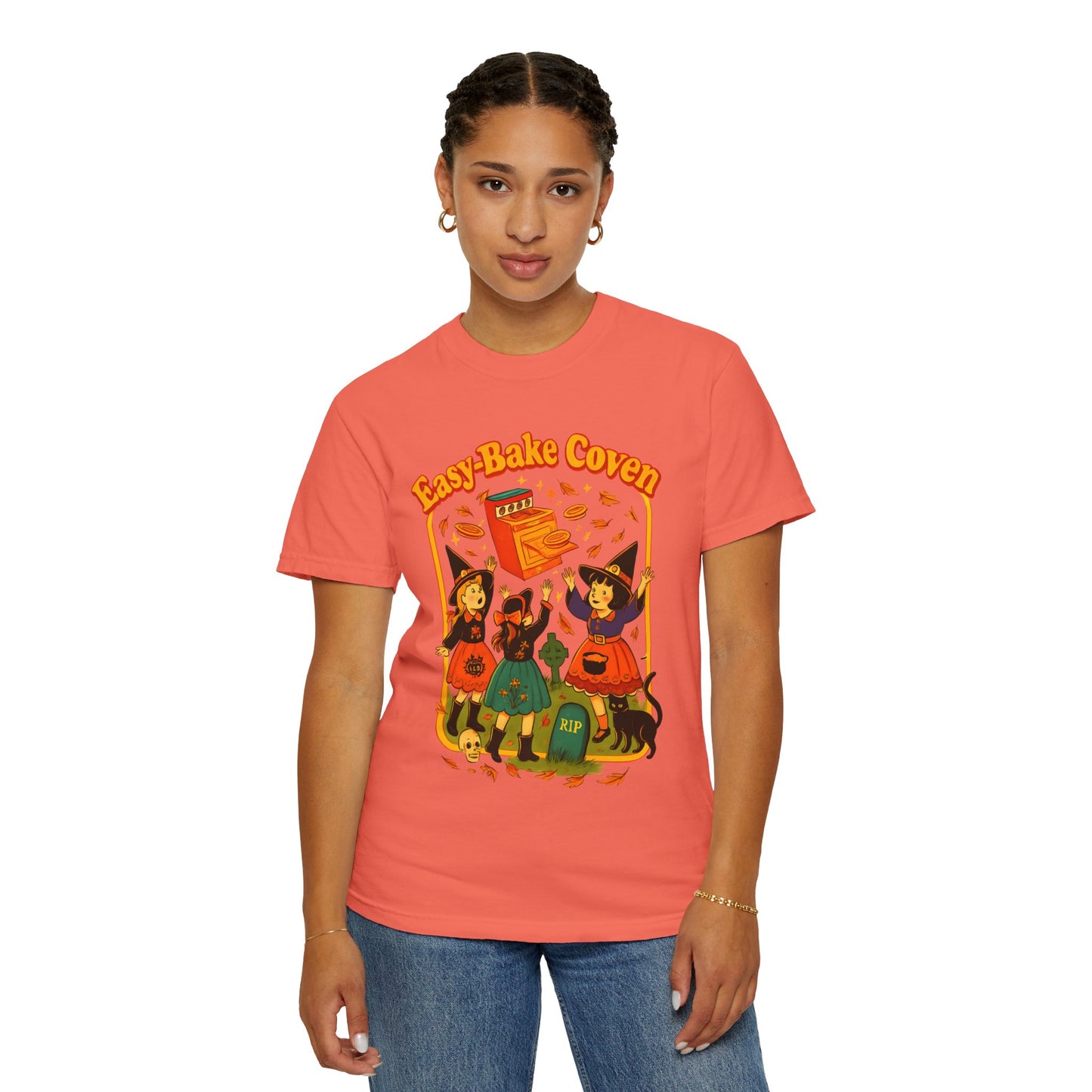 Halloween Witch T-Shirt, Unisex Garment-Dyed Shirt, Easy-Bake Coven Tee, Spooky Season Apparel, Cute Witch Design