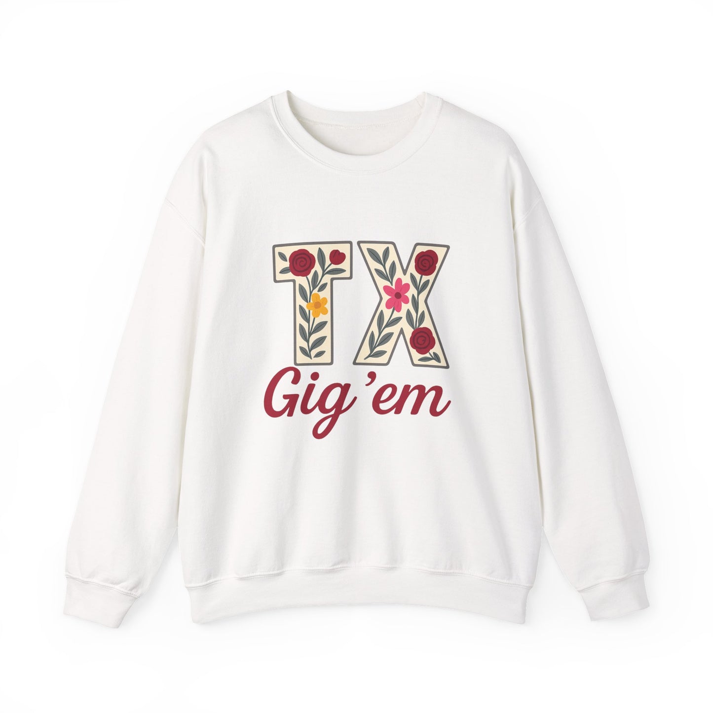 Texas Floral Crewneck Sweatshirt, Cozy Texas Sweatshirt, TX Gig'em Gift, Unisex Sweatshirt for Gamers, Floral Crew Neck for Casual Wear