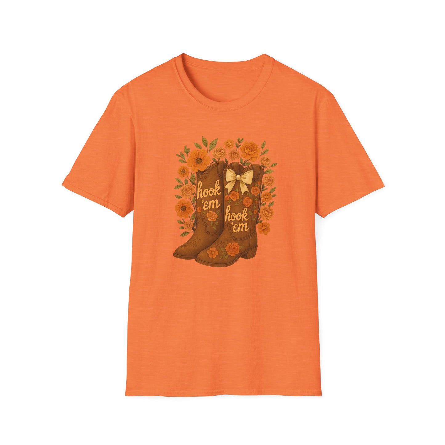 Tx Hook Em Floral Cowboy Boot T-Shirt, Hook 'Em Tee, Autumn Apparel, Country Style, Gift for Her, tx longhorns, texas fan gift, hook em horns, graduation gift, college student gift