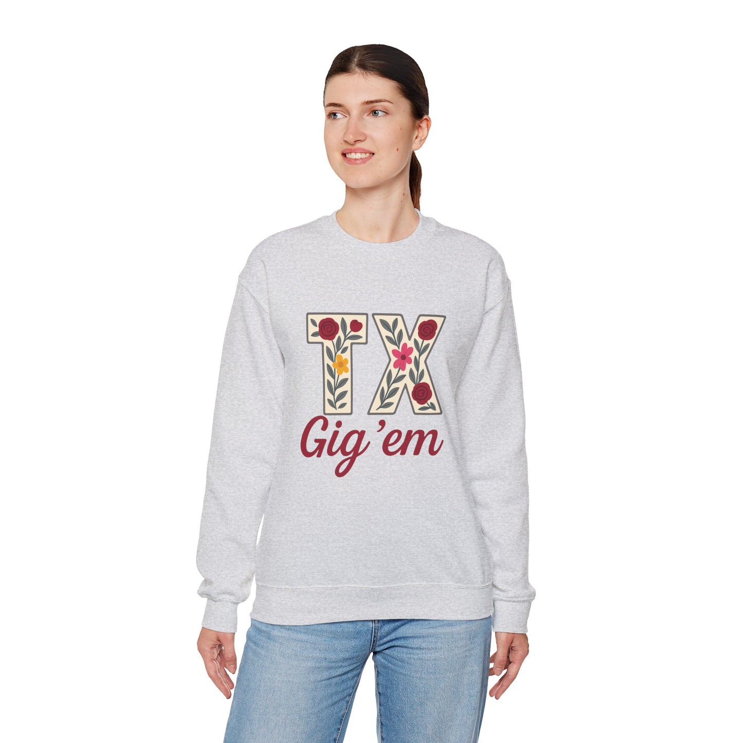 Texas Floral Crewneck Sweatshirt, Cozy Texas Sweatshirt, TX Gig'em Gift, Unisex Sweatshirt for Gamers, Floral Crew Neck for Casual Wear