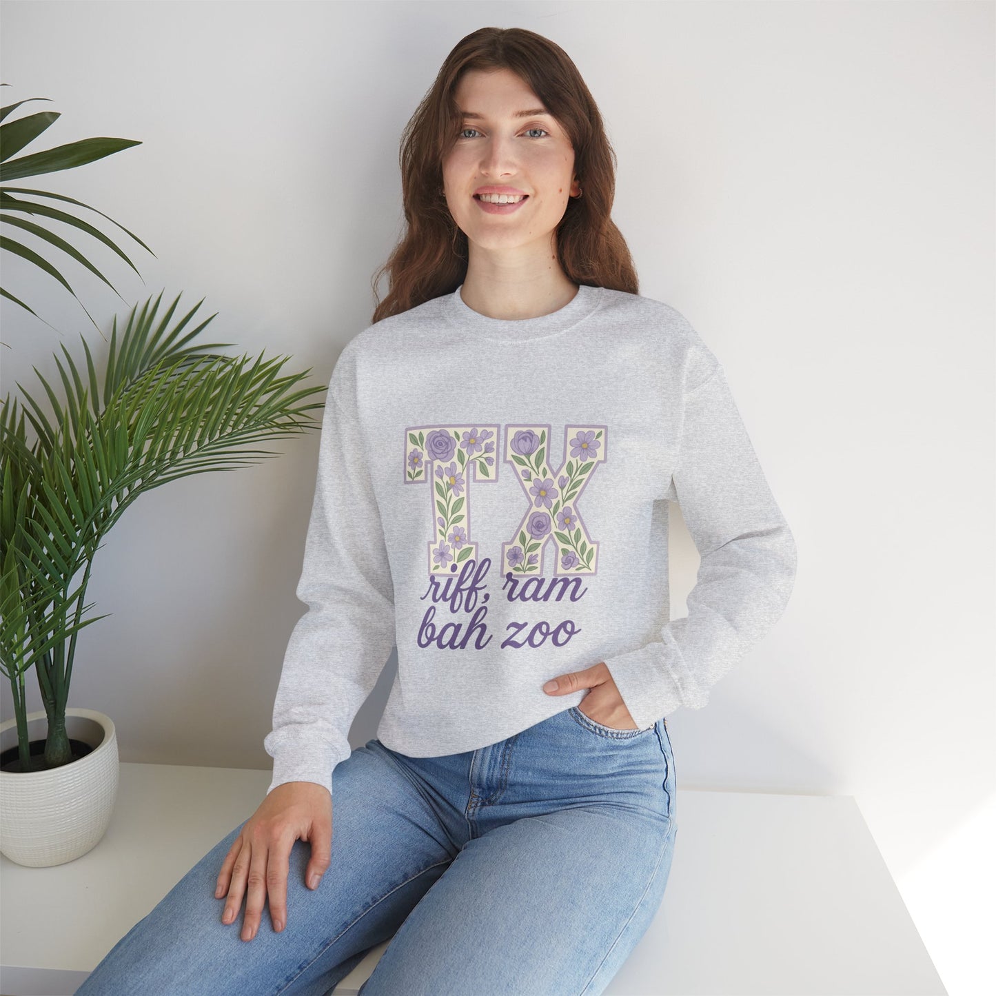 Texas Floral Sweatshirt, Cozy Unisex Crewneck, TX Riff Ram Bah Zoo Pullover, Gift for College Students, Texas Pride Apparel, Spring Fashion