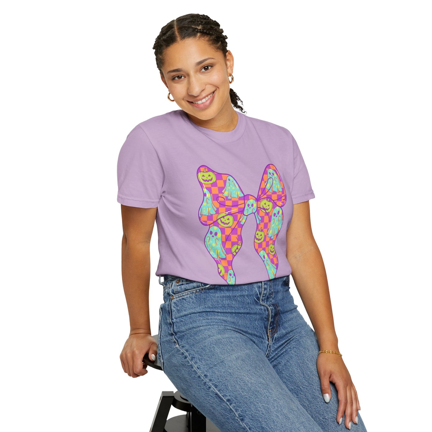 Neon Checkered Ghost Bow T-Shirt - Fun Lovers Halloween Unisex Tee