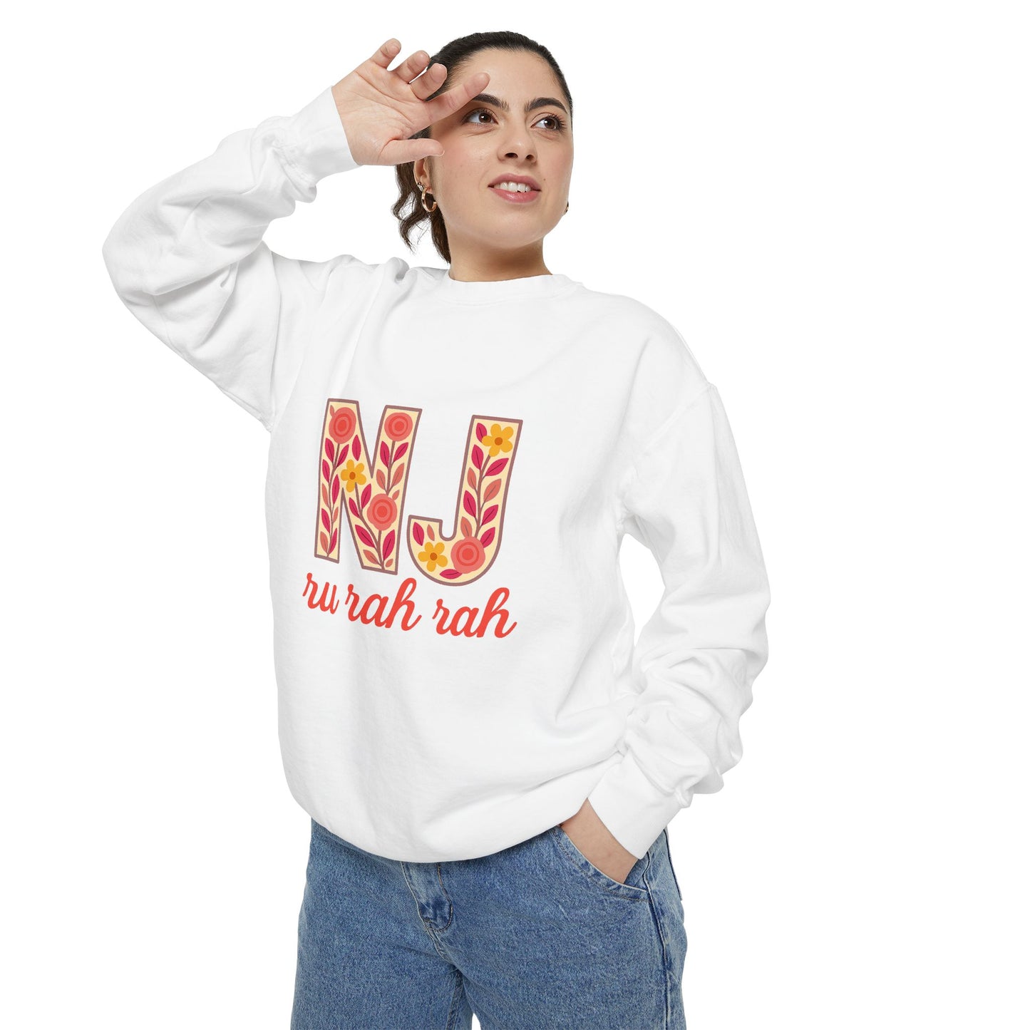 Cheerful NJ Garment-Dyed Sweatshirt, Cozy Unisex Pullover for School Spirit, Fall Fashion, Gift for College Students, Relaxed Fit