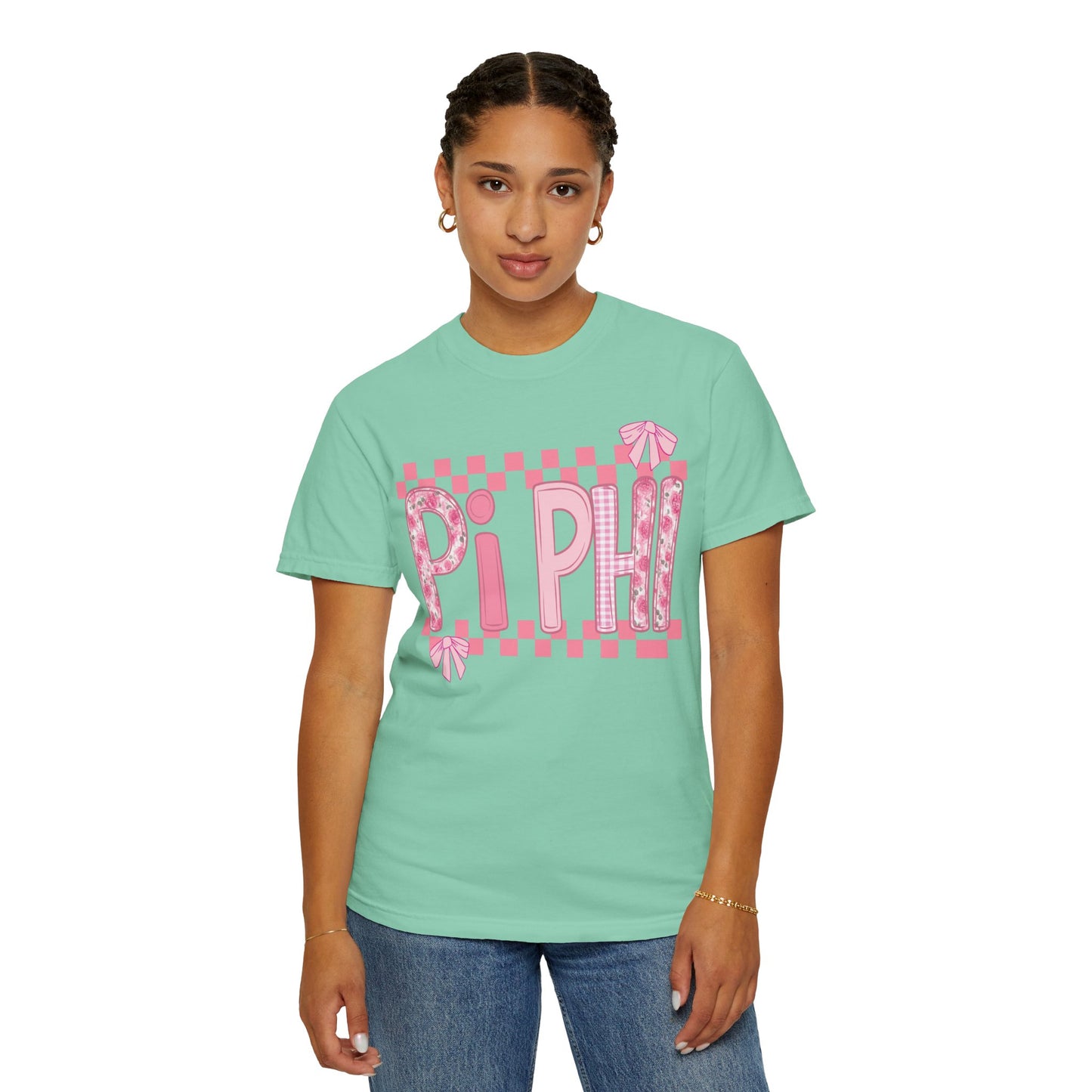 Cute Garment-Dyed T-Shirt for Sorority Sisters, Pi -Checked Style, Perfect for Casual Outings, Sorority Events, Gifts