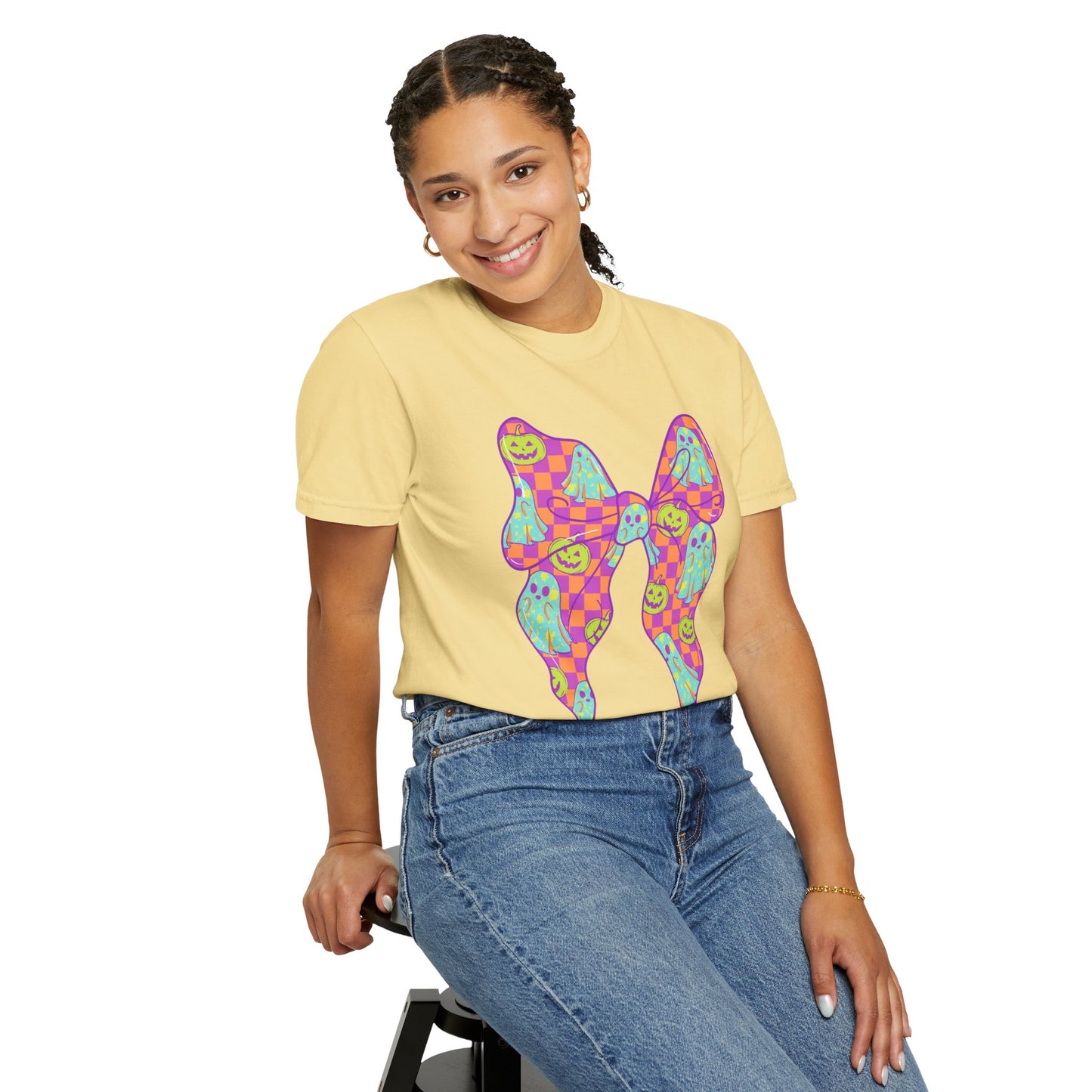 Neon Checkered Ghost Bow T-Shirt - Fun Lovers Halloween Unisex Tee