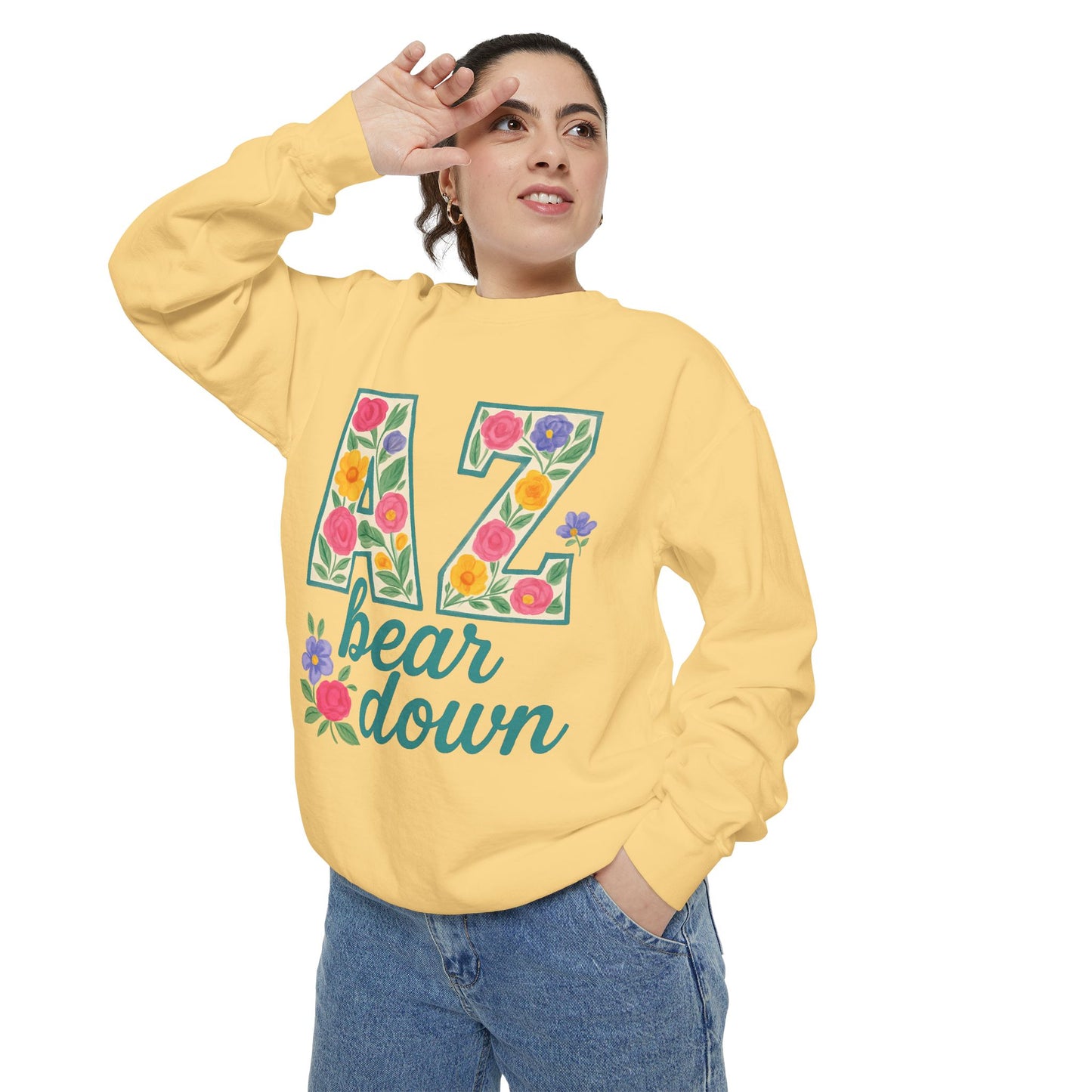 Arizona Floral Sweatshirt, Cozy Unisex Sweatshirt, Trendy Fall Layer, Gift for Him/Her, Sports Spirit Apparel, Bear Down AZ