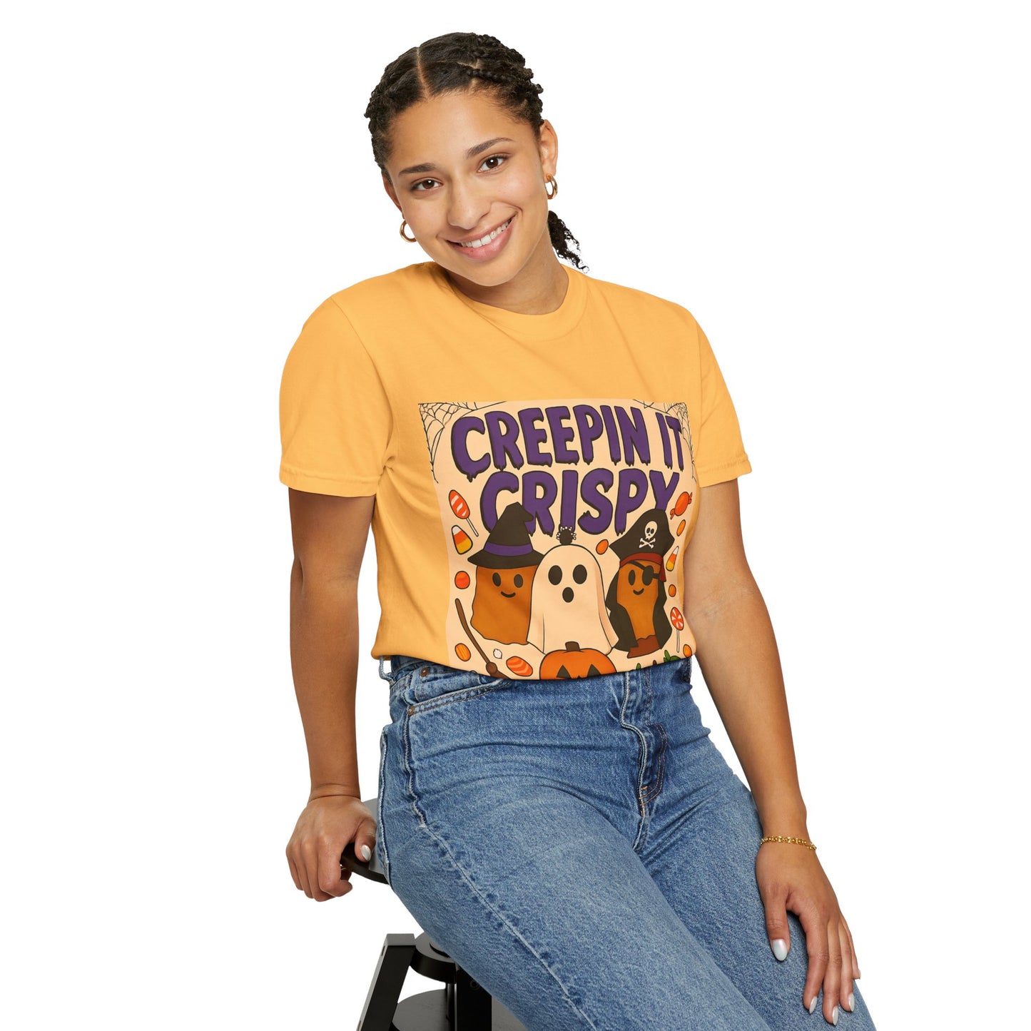Halloween Themed T-Shirt, Creepin It Crispy T-Shirt, Unisex Shirt for Fall, Cute Halloween Tee, Festive Ghost & Candy Design