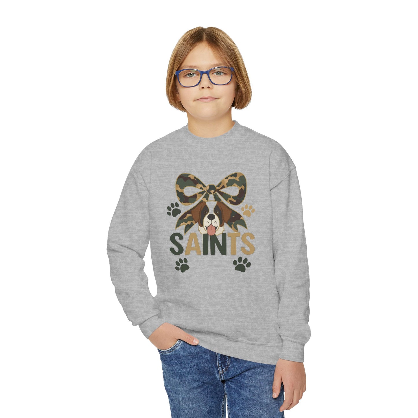 Youth Crewneck Sweatshirt with Camo Bow and Paw Prints, Dog Lovers Gift, Cozy Pet-Themed Apparel, Great for Holidays, Perfect for [...]