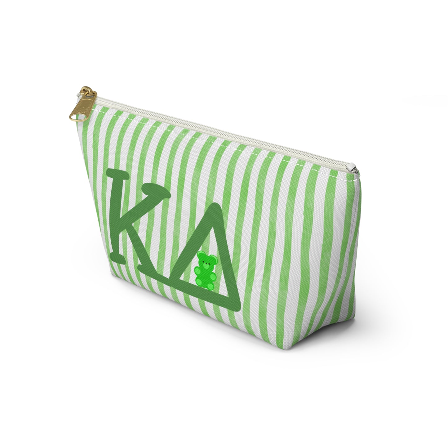KD Green Striped Accessory Pouch | Cute Makeup Bag, Storage Organizer, Gift for Students, Eco-Friendly Travel Pouch, Teddy Bear Lover Gift