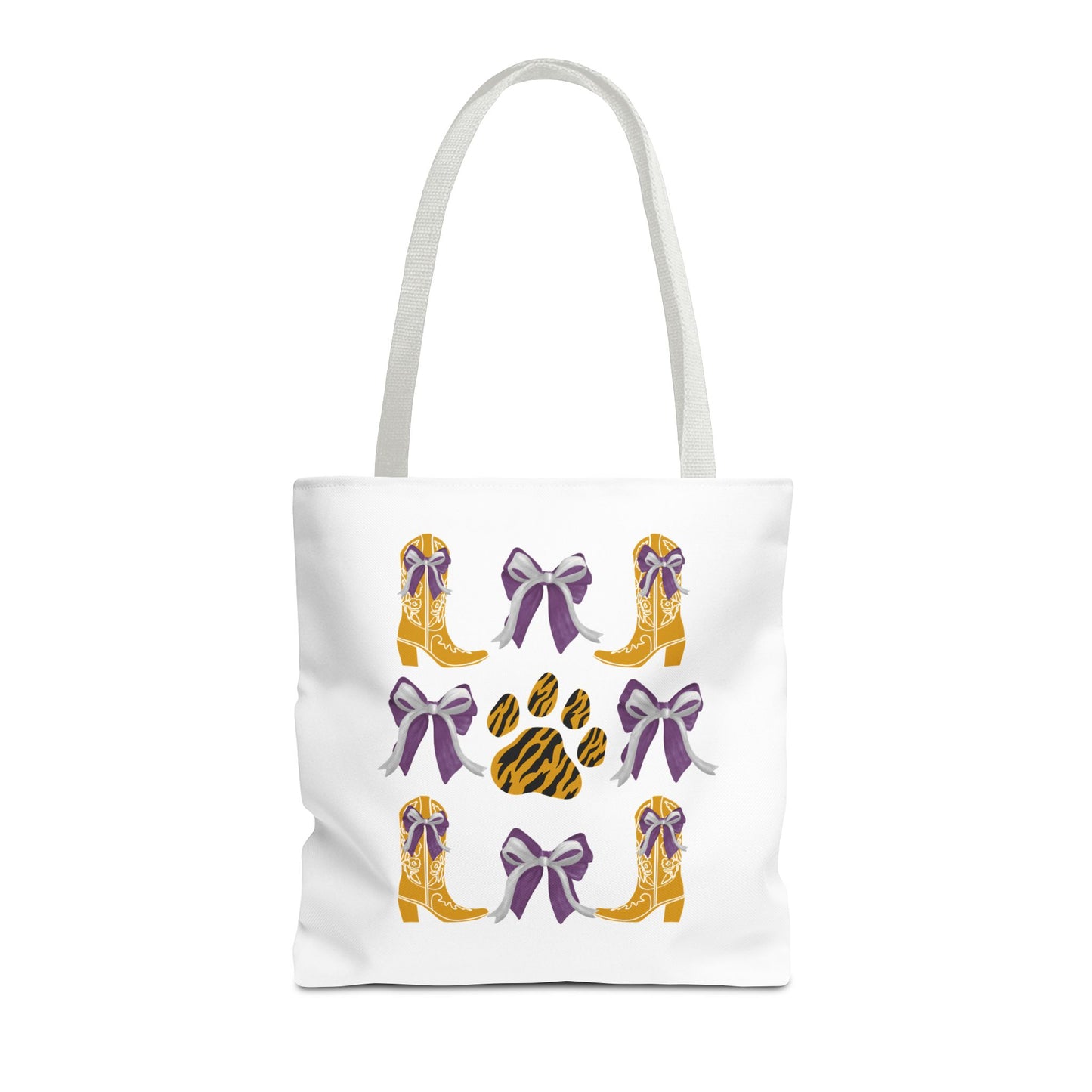 LSu coquette bow Print Tote Bag, Eco-Friendly Fashion Bag, lsu tiger fan, louisiana game day, geaux tigers, college student gift, graduation gift