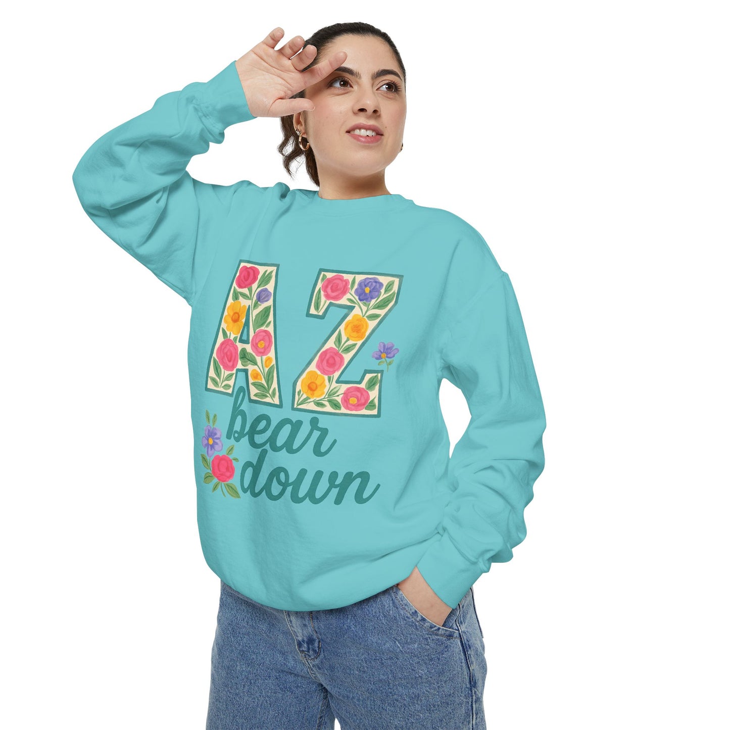 Arizona Floral Sweatshirt, Cozy Unisex Sweatshirt, Trendy Fall Layer, Gift for Him/Her, Sports Spirit Apparel, Bear Down AZ