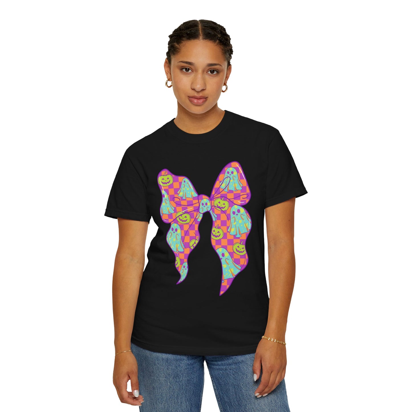 Neon Checkered Ghost Bow T-Shirt - Fun Lovers Halloween Unisex Tee
