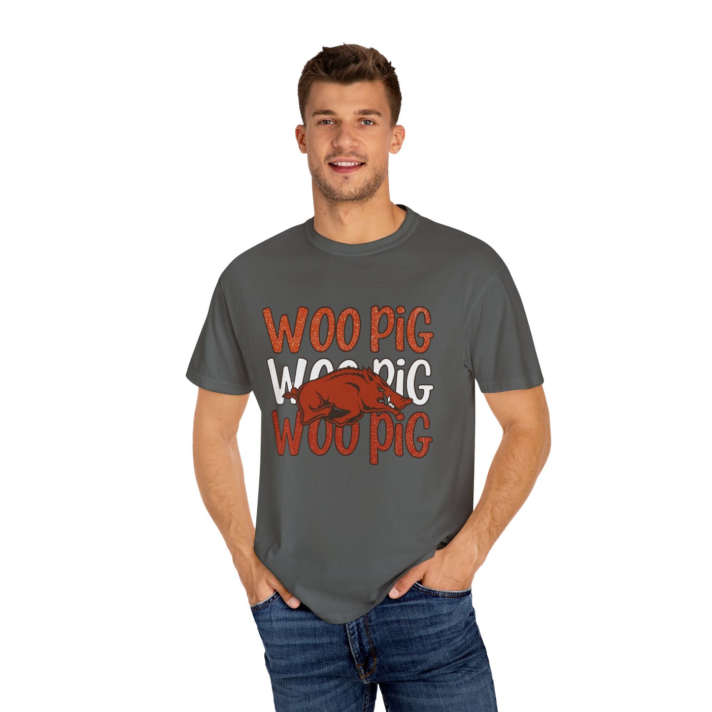 Woo Pig Garment-Dyed T-Shirt, Unisex Tee, Arkansas Pride Shirt, Casual Everyday Wear, College Game Day Tee, Fun Graphic Tee