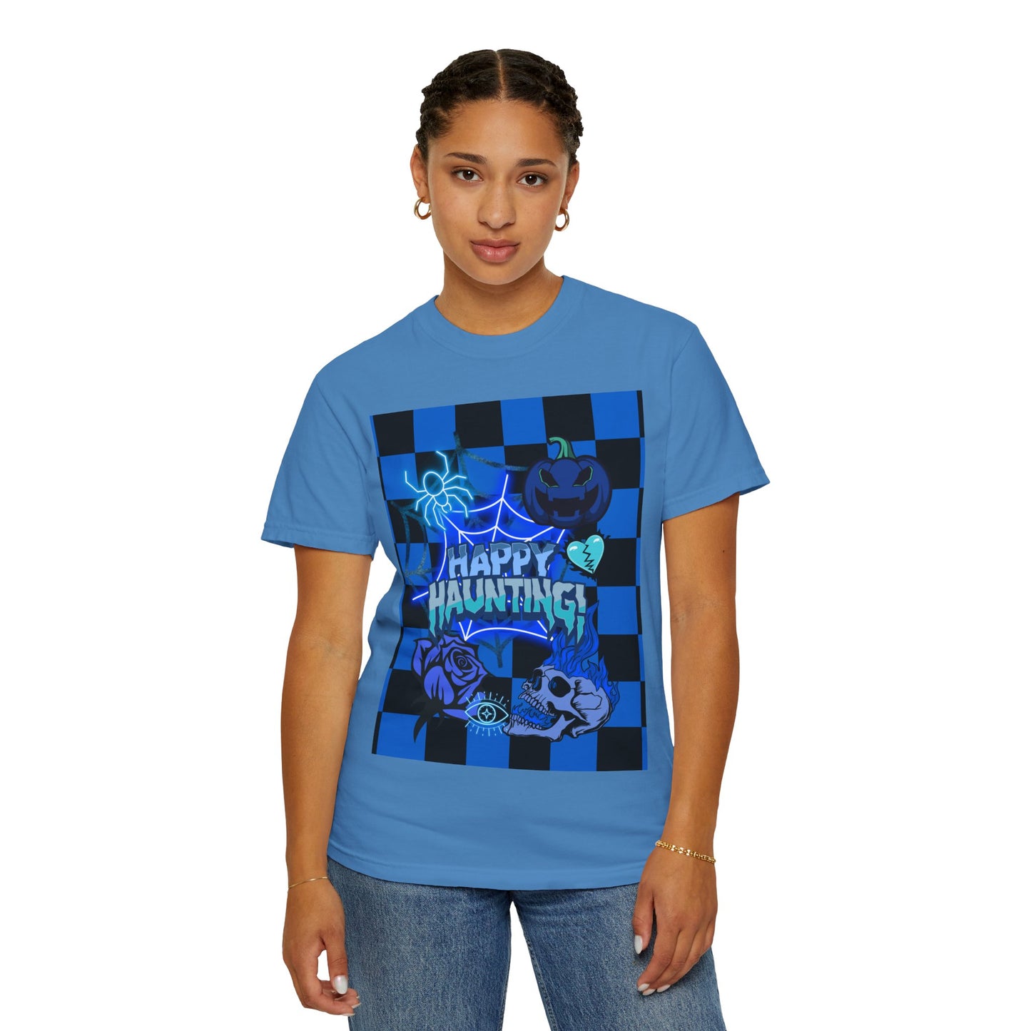 Happy Haunting Unisex Garment-Dyed T-shirt, Halloween Tee, Spooky Shirt, Fall Fashion, Casual Wear, Pumpkin Fest