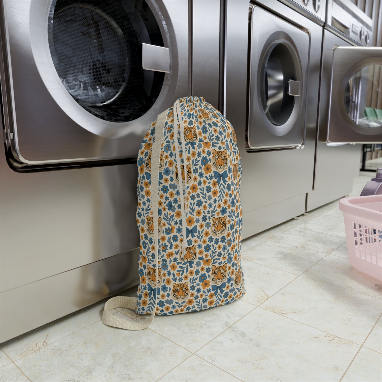 Floral Laundry Bag with Cute Tiger Design | Stylish Laundry Hamper, Home Decor, Gift for Cat Lovers, Eco-Friendly Laundry Storage