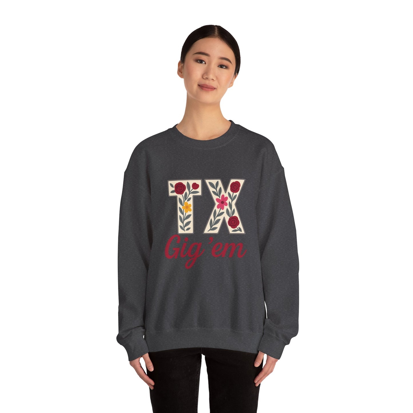 Texas Floral Crewneck Sweatshirt, Cozy Texas Sweatshirt, TX Gig'em Gift, Unisex Sweatshirt for Gamers, Floral Crew Neck for Casual Wear