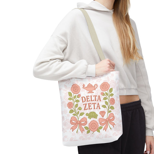 Delta Zeta Floral Tote Bag - Sorority Bag, Gift for Sorority Sisters, Floral Design Tote, Fashionable Shopping Bag, Delta Zeta Merchandise