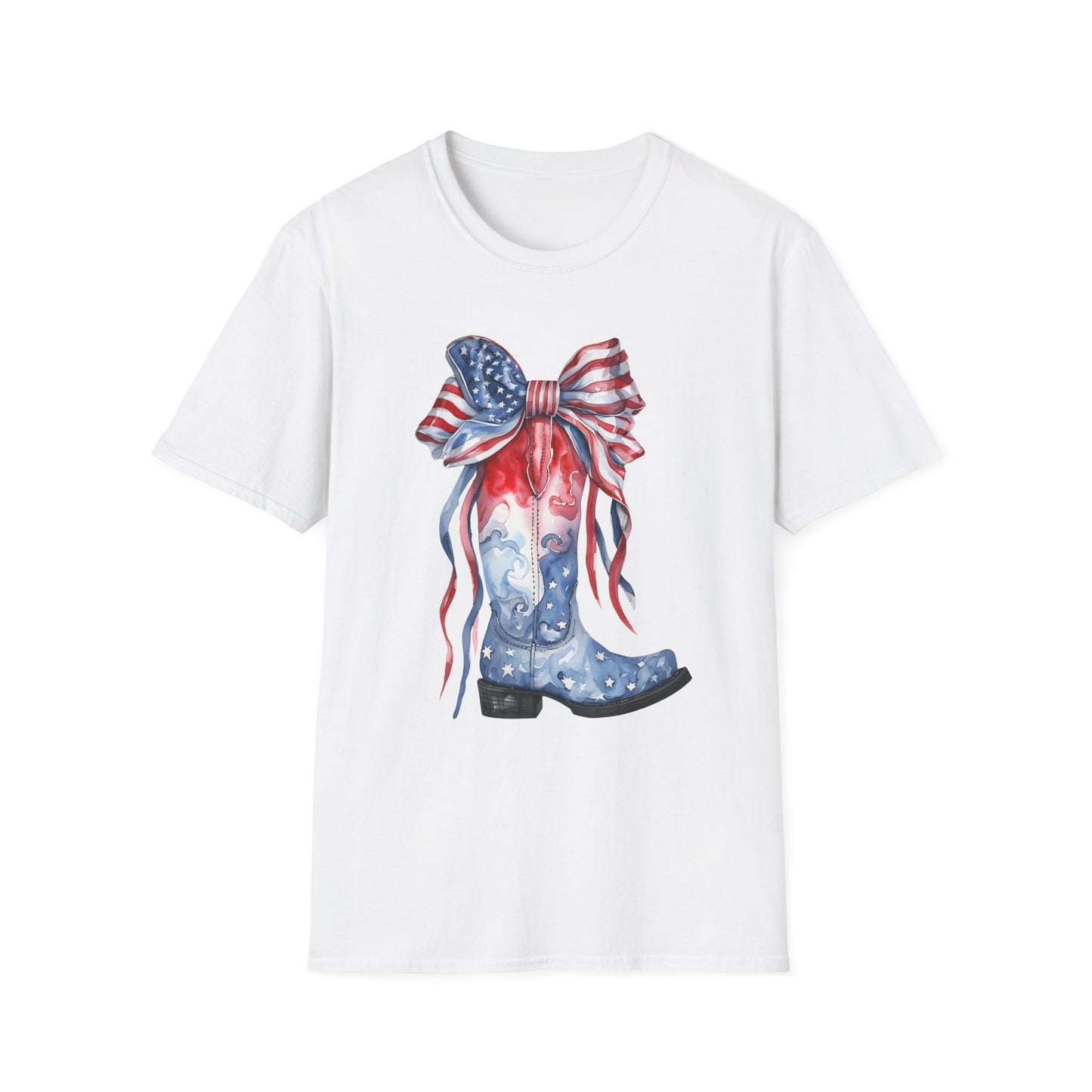 Patriotic Cowboy Boot T-Shirt | Unisex Softstyle Tee for Independence Day
