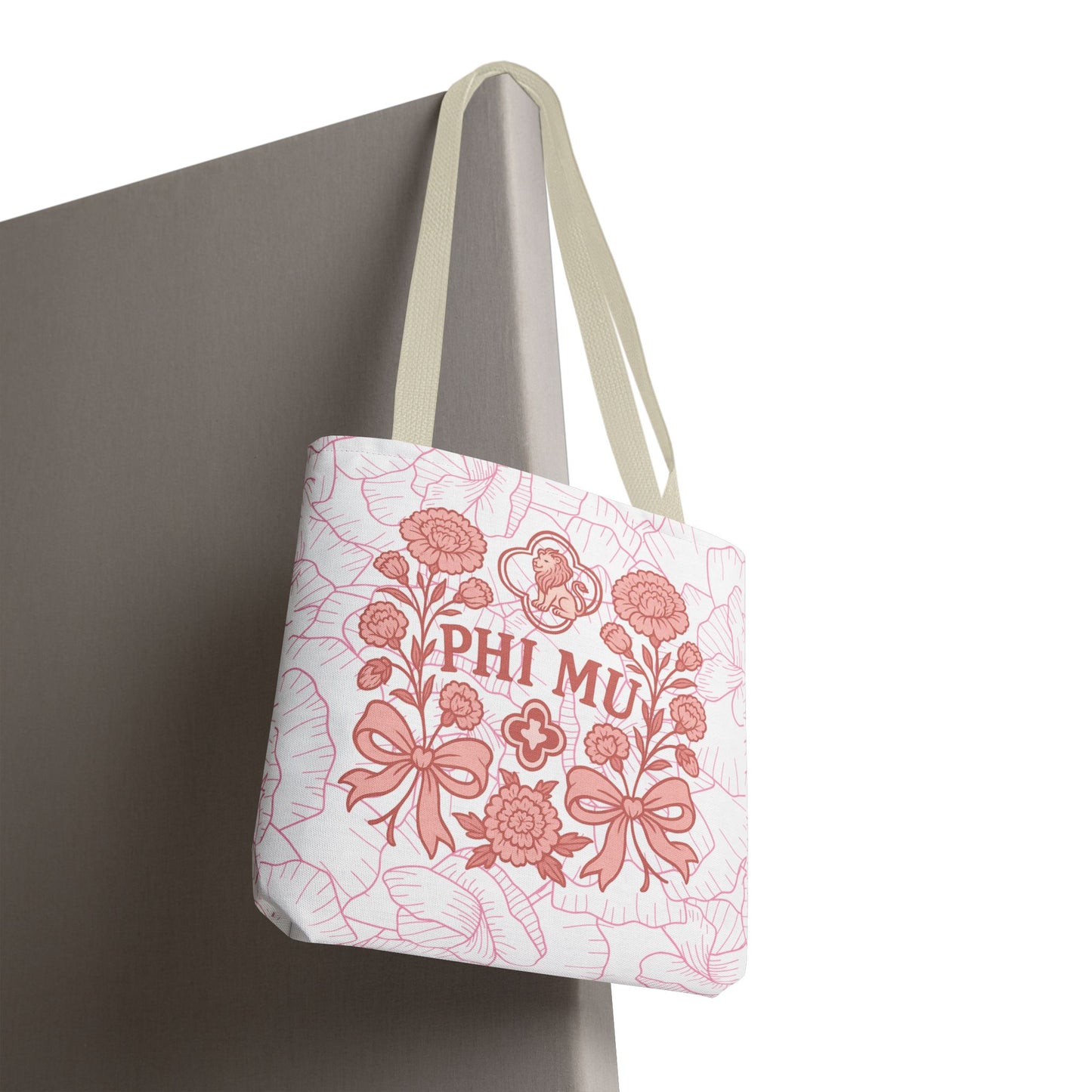 Phi Mu Floral Tote Bag, Sorority Bag, Gift for Sorority Sisters, Pink Floral Tote, College Essentials, AOP Design
