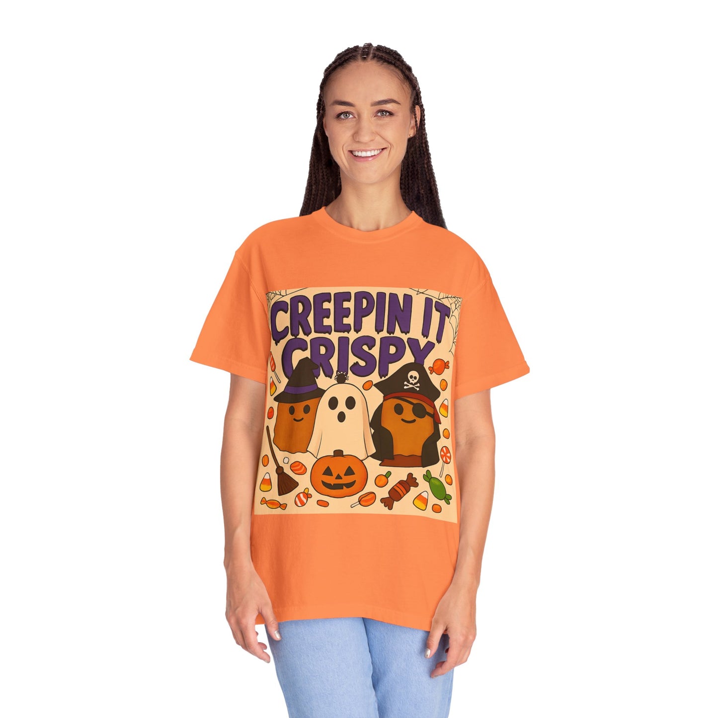 Halloween Themed T-Shirt, Creepin It Crispy T-Shirt, Unisex Shirt for Fall, Cute Halloween Tee, Festive Ghost & Candy Design
