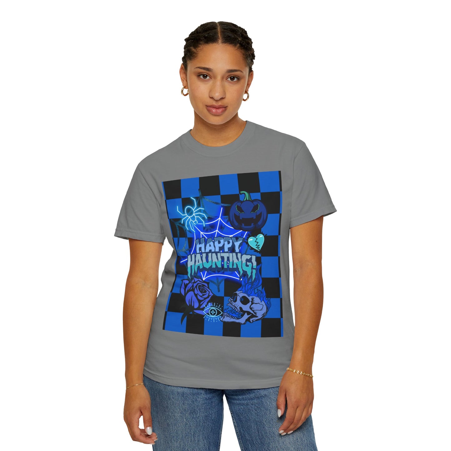 Happy Haunting Unisex Garment-Dyed T-shirt, Halloween Tee, Spooky Shirt, Fall Fashion, Casual Wear, Pumpkin Fest