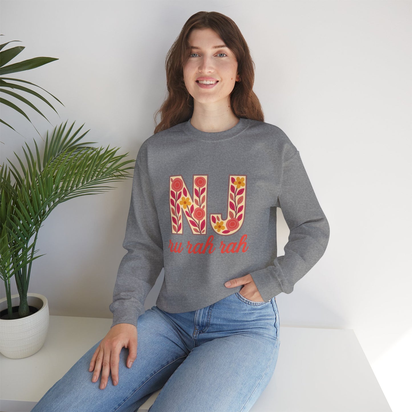 NJ Floral Pattern Crewneck Sweatshirt, Cozy Jersey, Casual Layer, Unique Gift, Fall Fashion, Unisex Apparel