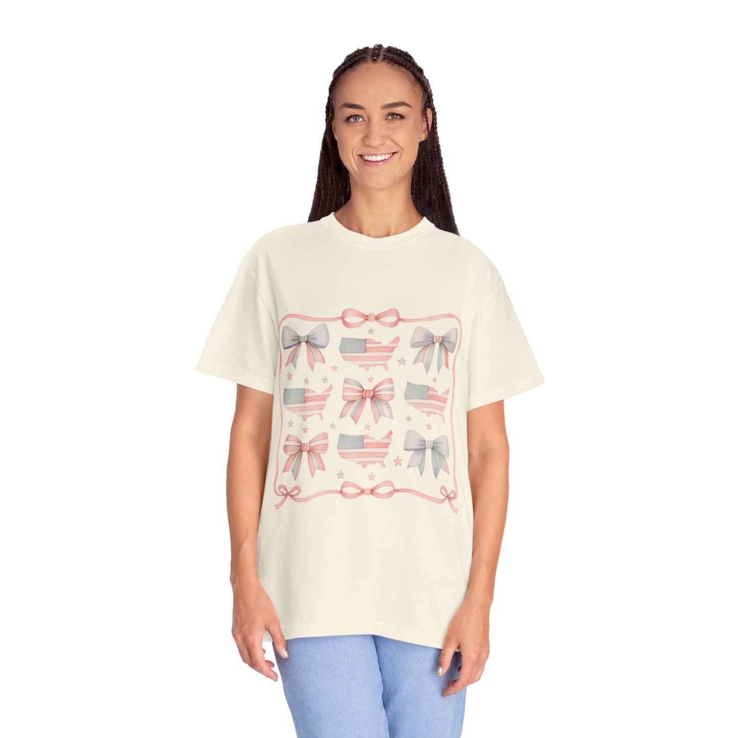 America Coquette Cute Bow Pattern Comfort Colors Unisex T-Shirt - 4th of July USA Celebration