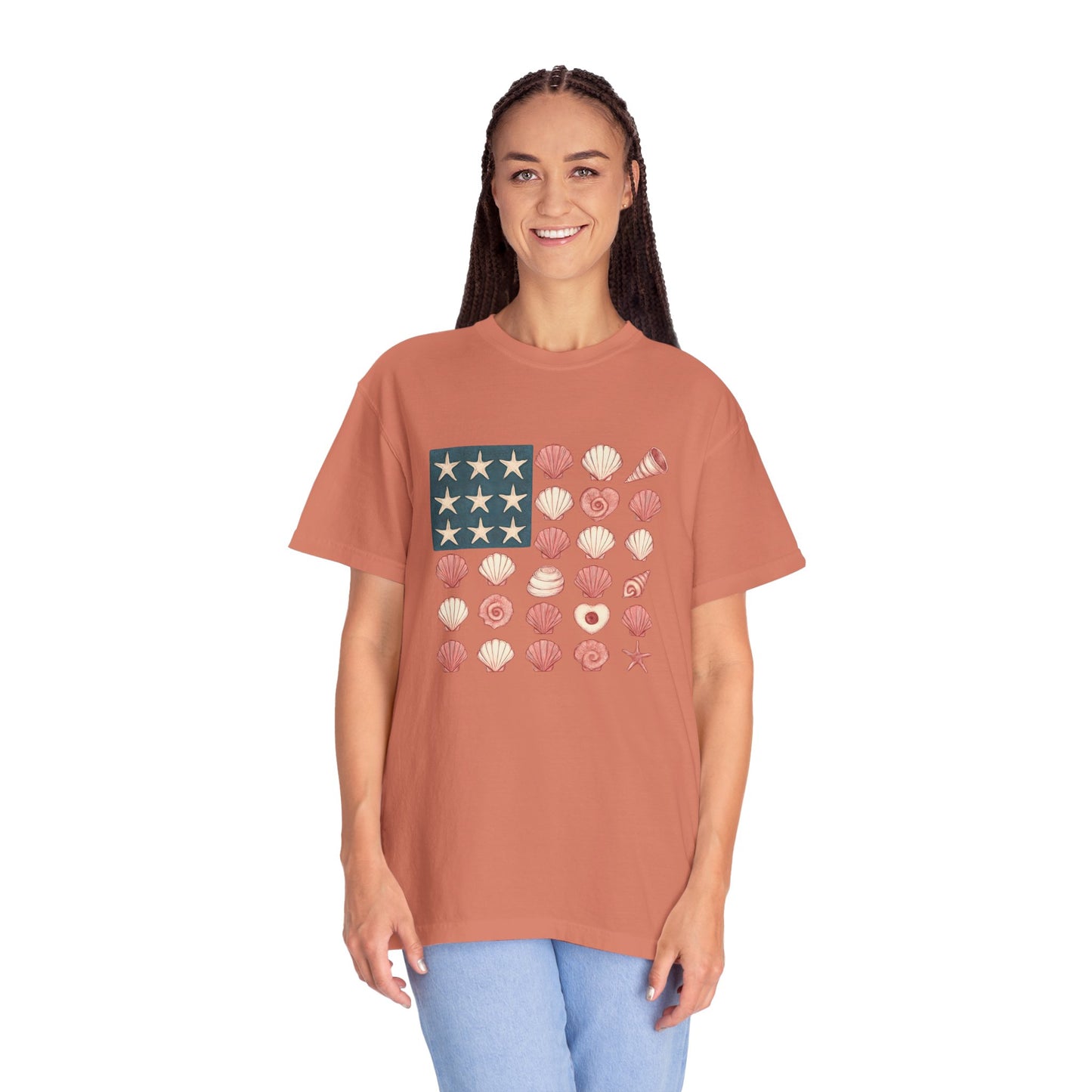 Comfort Colors-Seashell Flag T-Shirt, Unisex, American Flag, Beach Vibes, Nautical Gift, Summer Vibes, July 4th