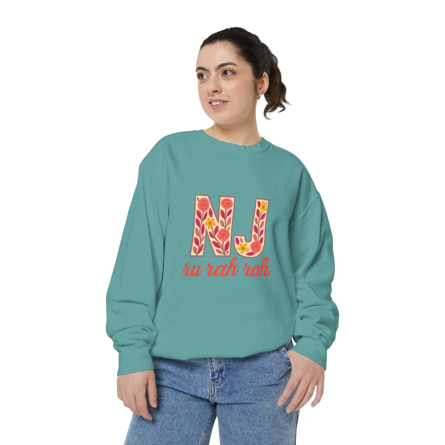 Cheerful NJ Garment-Dyed Sweatshirt, Cozy Unisex Pullover for School Spirit, Fall Fashion, Gift for College Students, Relaxed Fit