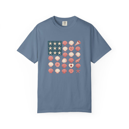 Comfort Colors-Seashell Flag T-Shirt, Unisex, American Flag, Beach Vibes, Nautical Gift, Summer Vibes, July 4th