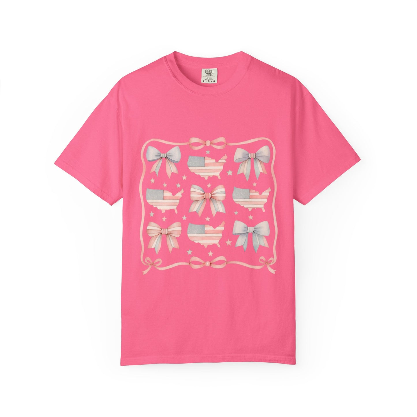 America Coquette Cute Bow Pattern Comfort Colors Unisex T-Shirt - 4th of July USA Celebration