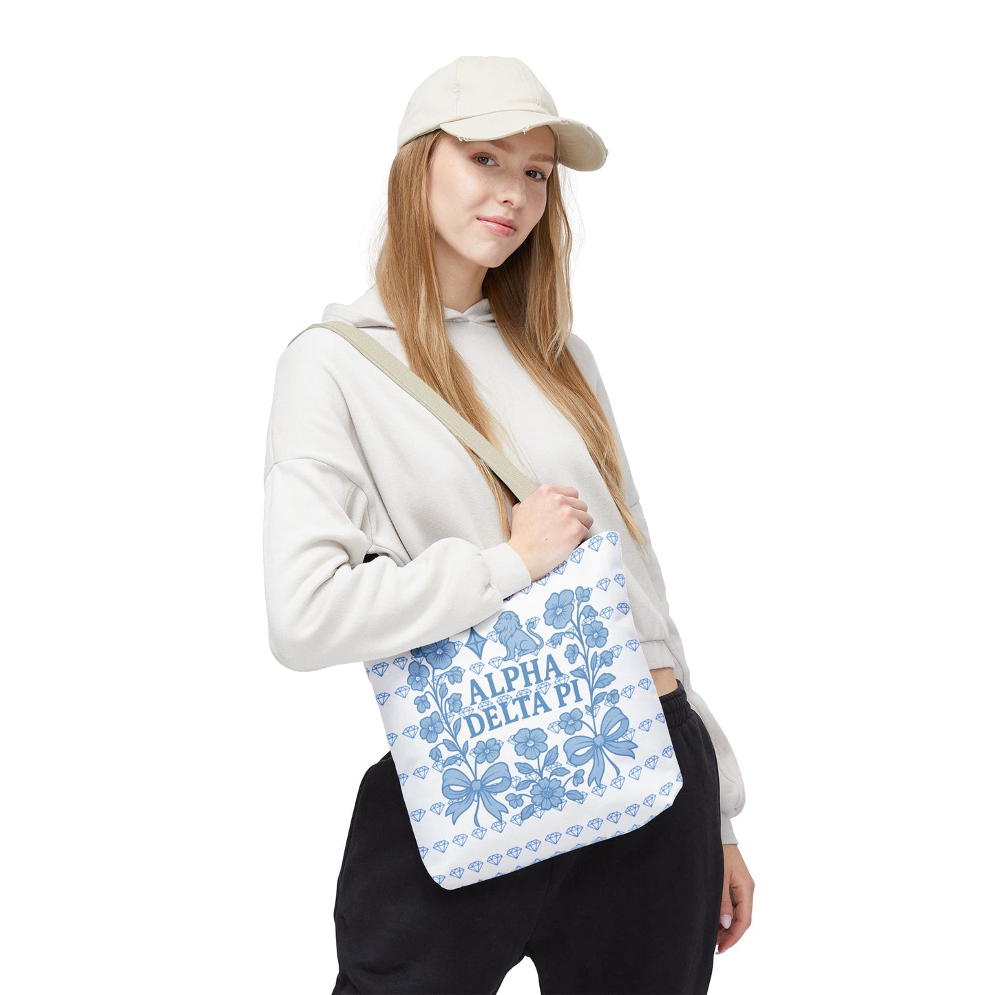 Alpha Delta Pi Floral Tote Bag - Stylish Sorority Accessory, Gift for College Students, Everyday Use, Blue Floral Design, AOP Style