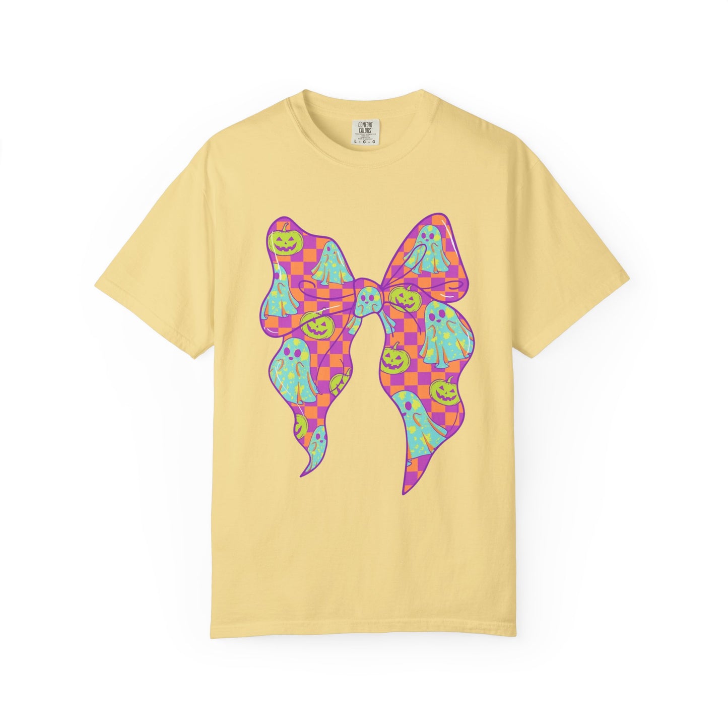 Neon Checkered Ghost Bow T-Shirt - Fun Lovers Halloween Unisex Tee