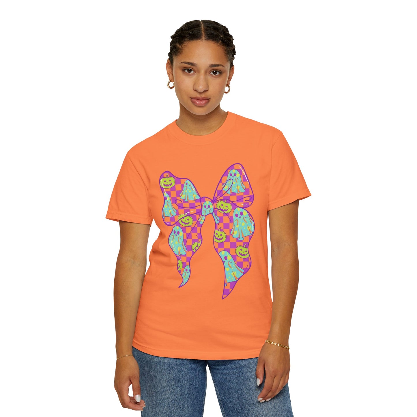 Neon Checkered Ghost Bow T-Shirt - Fun Lovers Halloween Unisex Tee