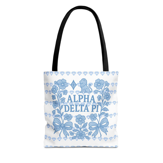 Alpha Delta Pi Floral Tote Bag - Stylish Sorority Accessory, Gift for College Students, Everyday Use, Blue Floral Design, AOP Style