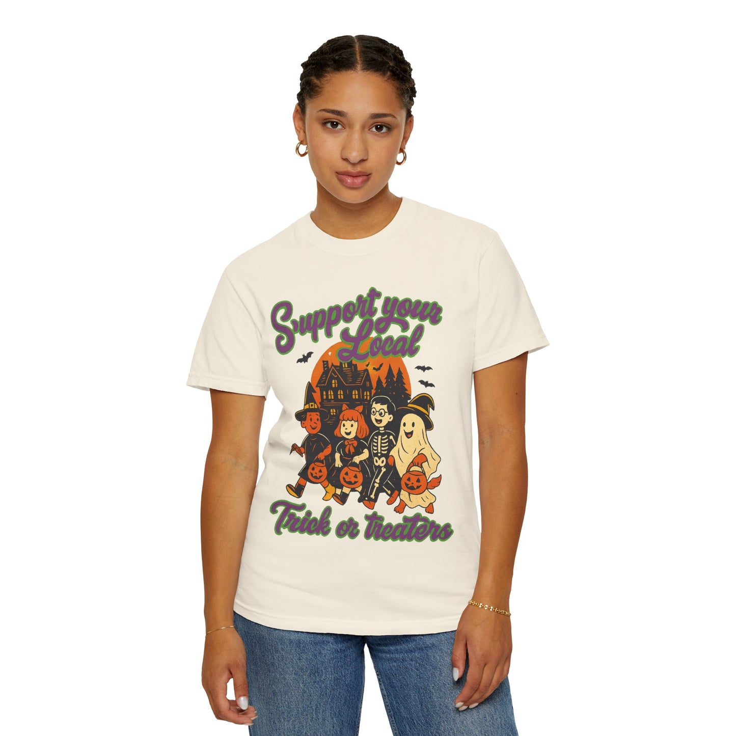 Halloween Support T-Shirt, Youth Trick or Treat Shirt, Garment-Dyed Tee for Kids, Spooky Season Apparel, Holiday Party Top, Fun Costume Wear