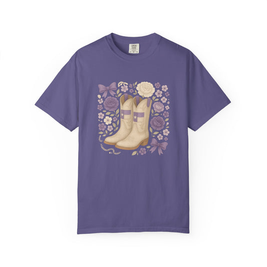Whimsical Floral Boots Unisex T-Shirt | Casual Style, Gift for Her, Texas Christian University, TCU Frogs, Comfort Colors, Texas Fan gift, Graduation Gift