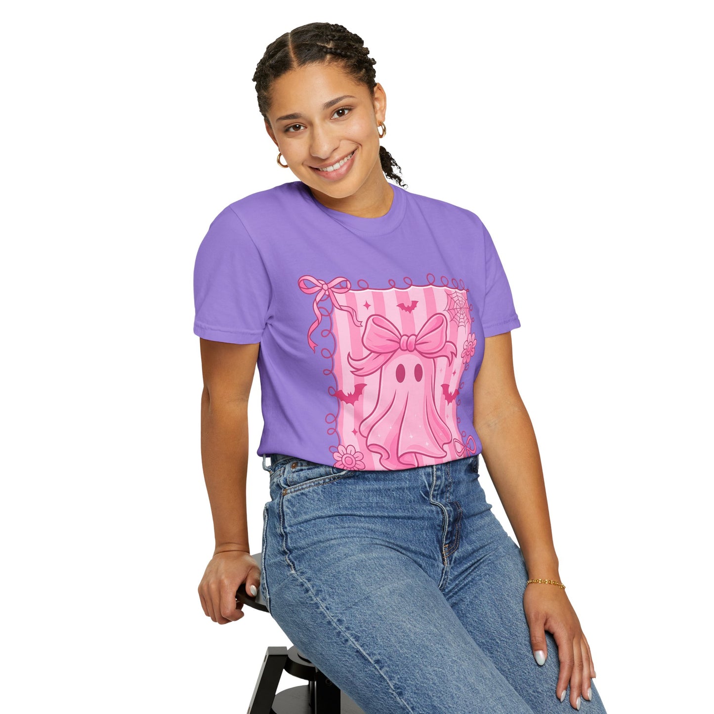 Cute Pink Ghost Graphic T-Shirt, Pink Halloween Tee, Unisex Garment-Dyed Top, Spooky Style for Fall, Trick or Treat Fashion