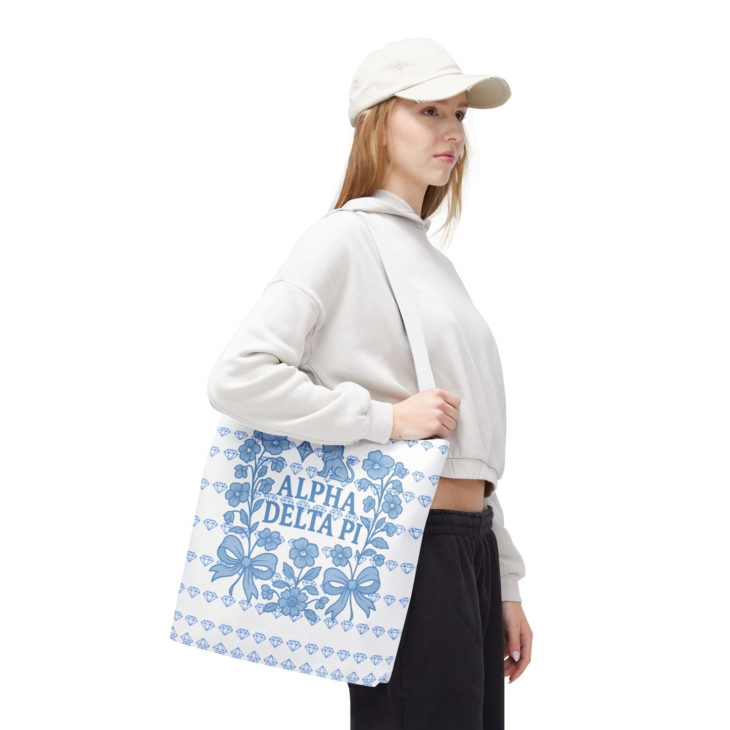 Alpha Delta Pi Floral Tote Bag - Stylish Sorority Accessory, Gift for College Students, Everyday Use, Blue Floral Design, AOP Style