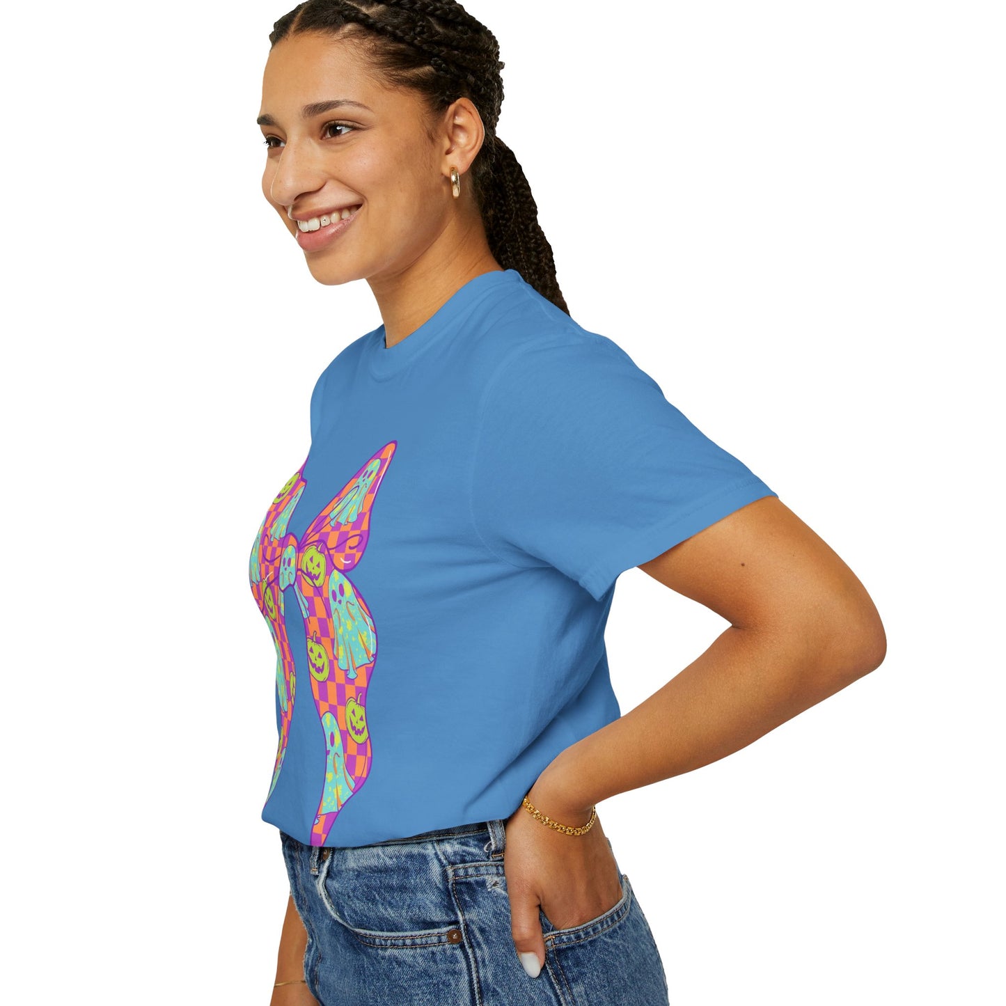 Neon Checkered Ghost Bow T-Shirt - Fun Lovers Halloween Unisex Tee