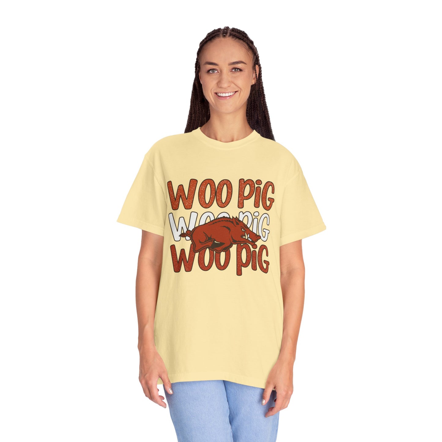Woo Pig Garment-Dyed T-Shirt, Unisex Tee, Arkansas Pride Shirt, Casual Everyday Wear, College Game Day Tee, Fun Graphic Tee
