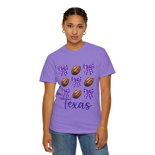 Texas Football Unisex T-Shirt with Purple Bows - Game Day Sports Apparel for Horned Frogs Fans