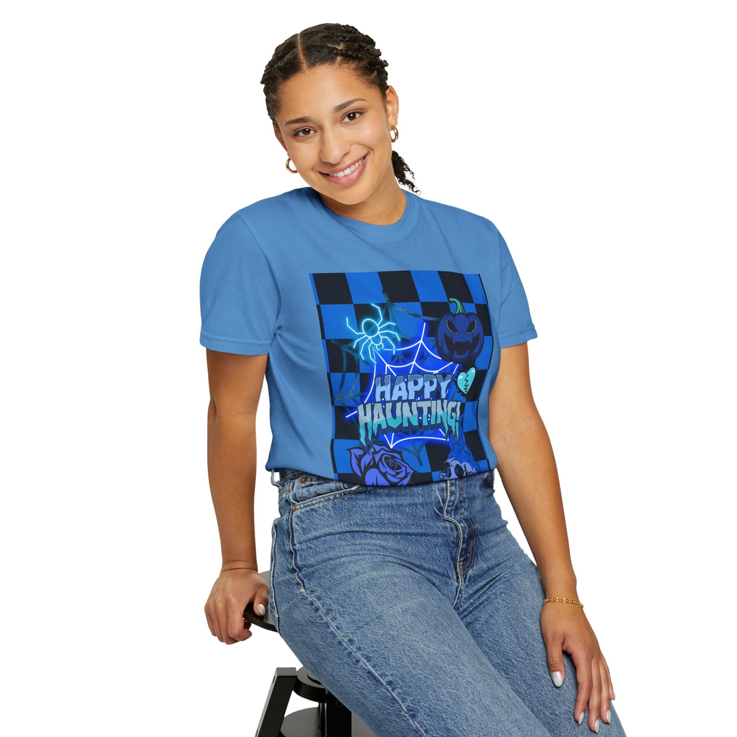 Happy Haunting Unisex Garment-Dyed T-shirt, Halloween Tee, Spooky Shirt, Fall Fashion, Casual Wear, Pumpkin Fest