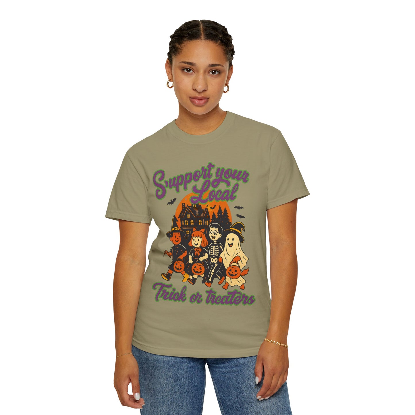 Halloween Support T-Shirt, Youth Trick or Treat Shirt, Garment-Dyed Tee for Kids, Spooky Season Apparel, Holiday Party Top, Fun Costume Wear